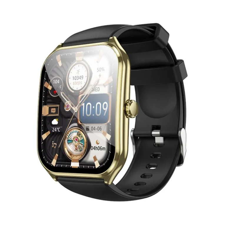 Montre connectée Hoco Y28 noire, cadran noir et or élégant.