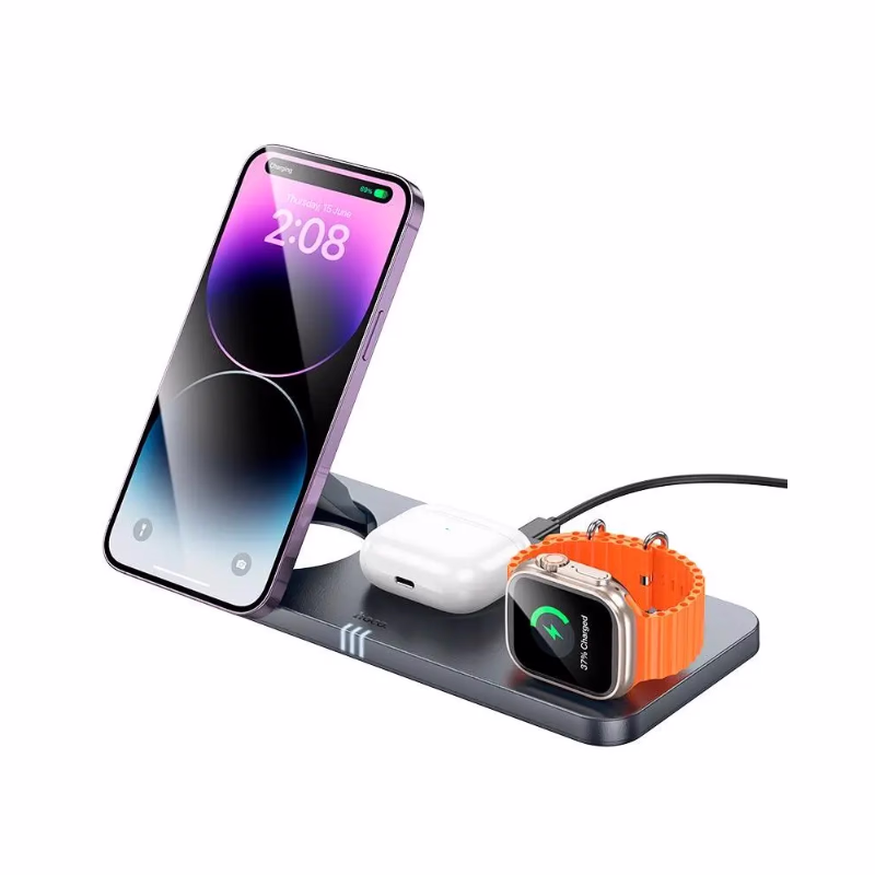 HOCO Algérie DZ - CQ22 Outstanding 3-in-1 desktop folding magnetic wireless fast charger metal gray - Ensemble iPhone et Watch, airpods HOCO CQ22 avec iPhone et Apple Watch bracelet orange en charge sans fil
