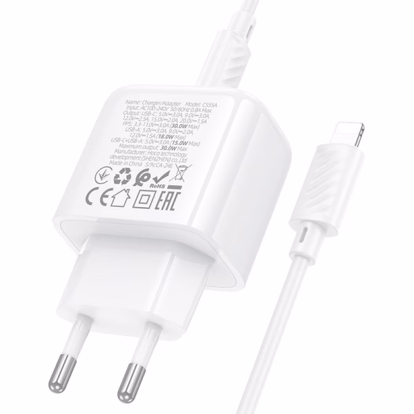 HOCO CS 55A -chargeur rapide surplus PD30W +QC3.0 (C to IP)/(c to c ) - version europeene white