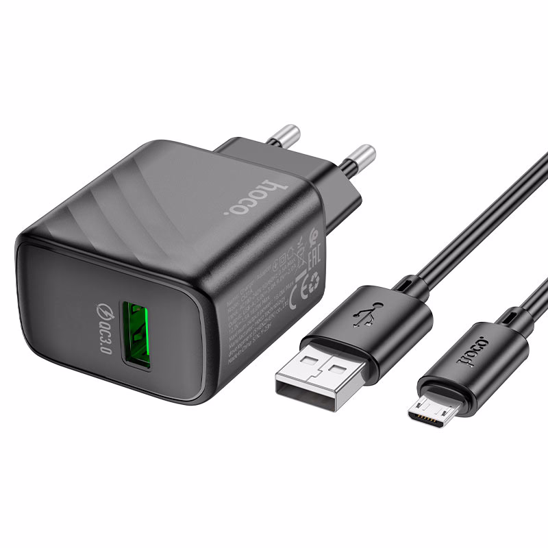HOCO DZ - CS21A – Chargeur rapide Rich QC3.0 kit (Micro) – Élégance et performance au prise européenne (10) HOCO CS21A – Chargeur rapide USB to Micro Rich QC3.0 – Élégance et performance au prise européenne – Image 1