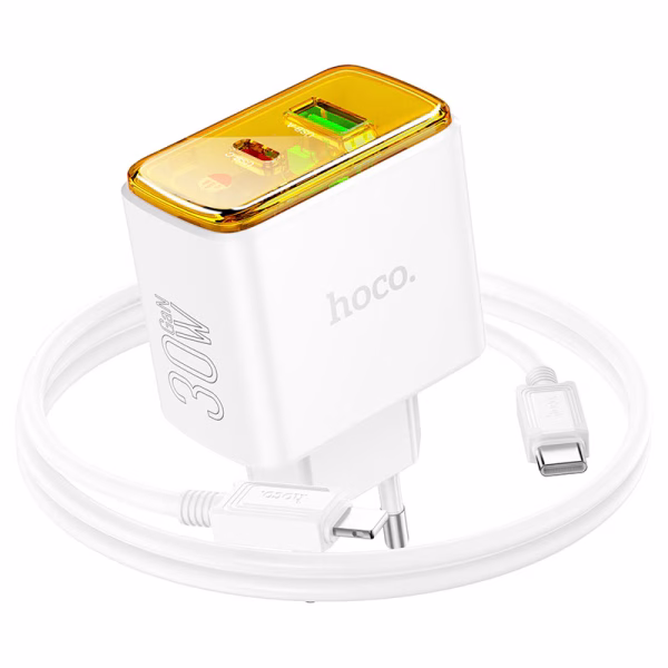 HOCO CS42A Smart PD 30W + QC3.0 charger set(C to iP)(EU) white  (version EU) - Puissance rapide, design intelligent