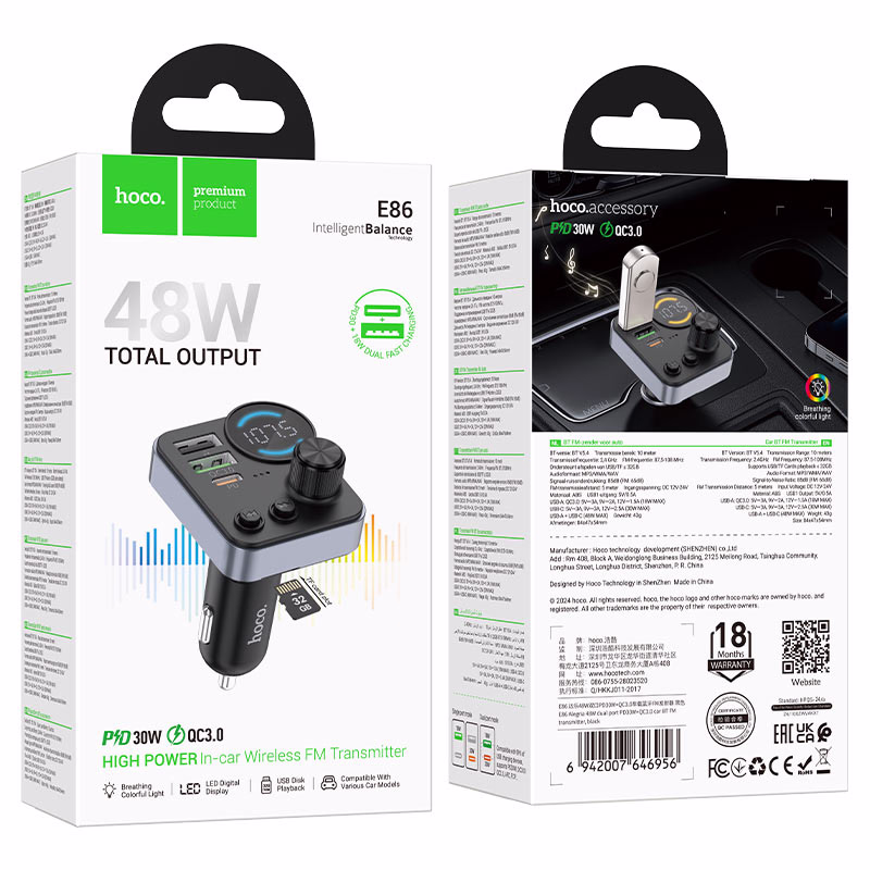HOCO E86 Alegria – Transmetteur FM Bluetooth pour voiture 48W double port (PD30W + QC3.0) - Énergie, élégance et connectivité sans compromis - Hoco Algérie
