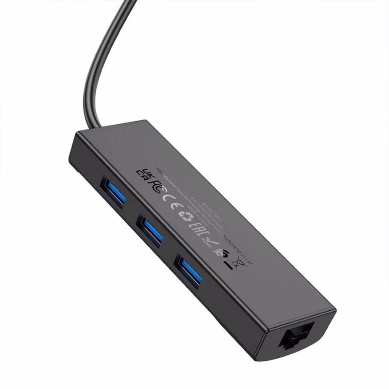 HOCO HB42 Easy Safety – Adaptateur Gigabit Ethernet 4-en-1 (Type-C vers USB 3.0×3 + RJ45) 20 cm - Hoco Algérie