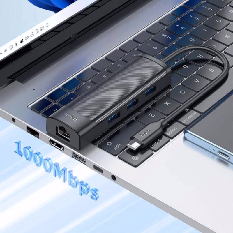 HOCO HB42 Easy Safety – Adaptateur Gigabit Ethernet 4-en-1 (Type-C vers USB 3.0×3 + RJ45) 20 cm - Hoco Algérie