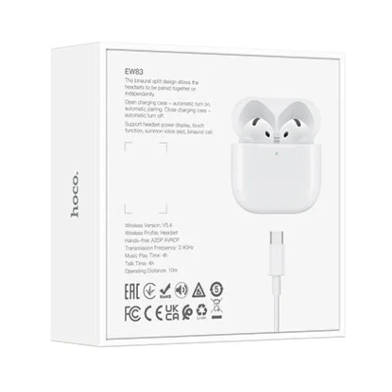 Détails des caractéristiques techniques du Hoco EW83 : Bluetooth 5.4, autonomie 20h et compatibilité universelle.