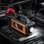 Booster batterie HOCO QS4 connecté au moteur d'un véhicule pour démarrage rapide en cas de panne