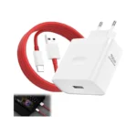 Design élégant du chargeur Oppo 100W SuperVOOC avec câble signature rouge.