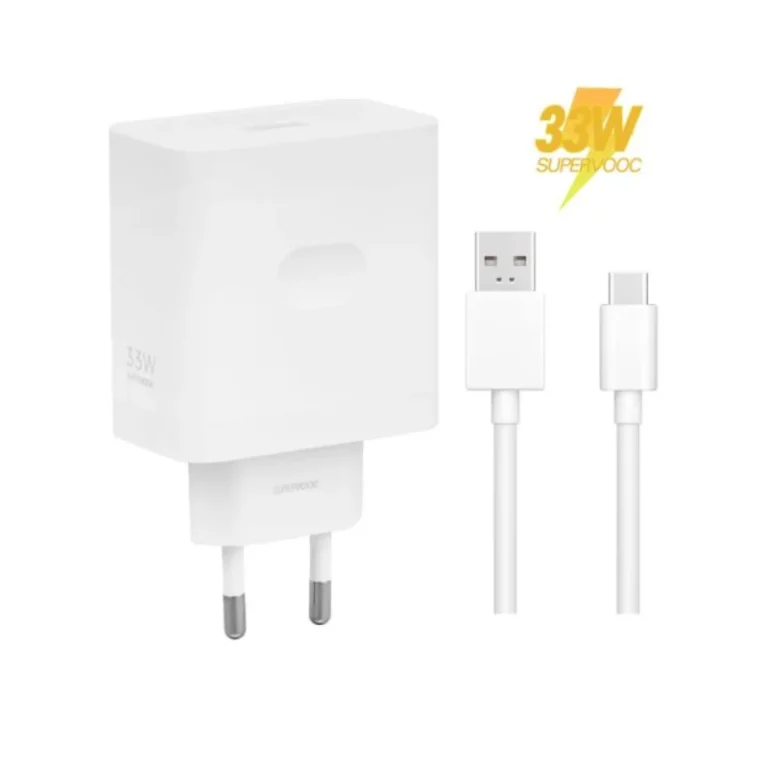 chargeur Oppo 33W SuperVOOC original avec câble USB-C blanc pour charge rapide.