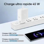 Chargeur rapide Realme 45W en action, comparatif charge ultra rapide 45W vs 20W.