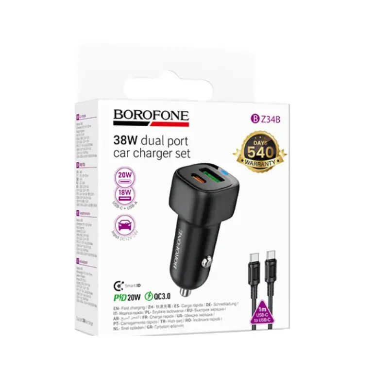 BOROFONE BZ34B - Chargeur de voiture DOUBLE PORT PD20W + QC3,0 (TYPE-C TO TYPE-C)