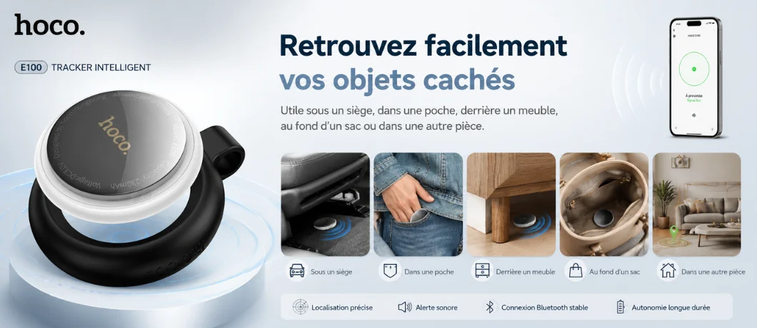 HOCO E100 utilisé pour retrouver des clés, un sac et un bagage avec l’application Apple Localiser sur iPhone