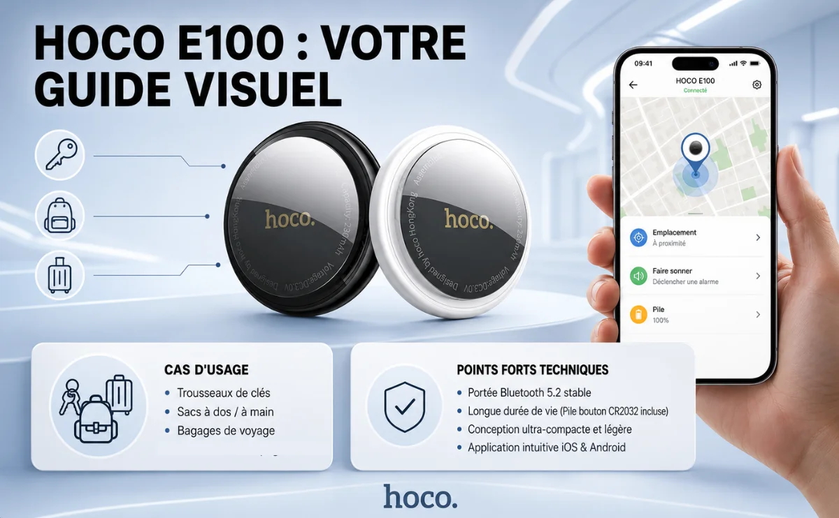 Deux traceurs Bluetooth HOCO E100 blanc et noir compatibles avec Apple Localiser, présentés avec un iPhone